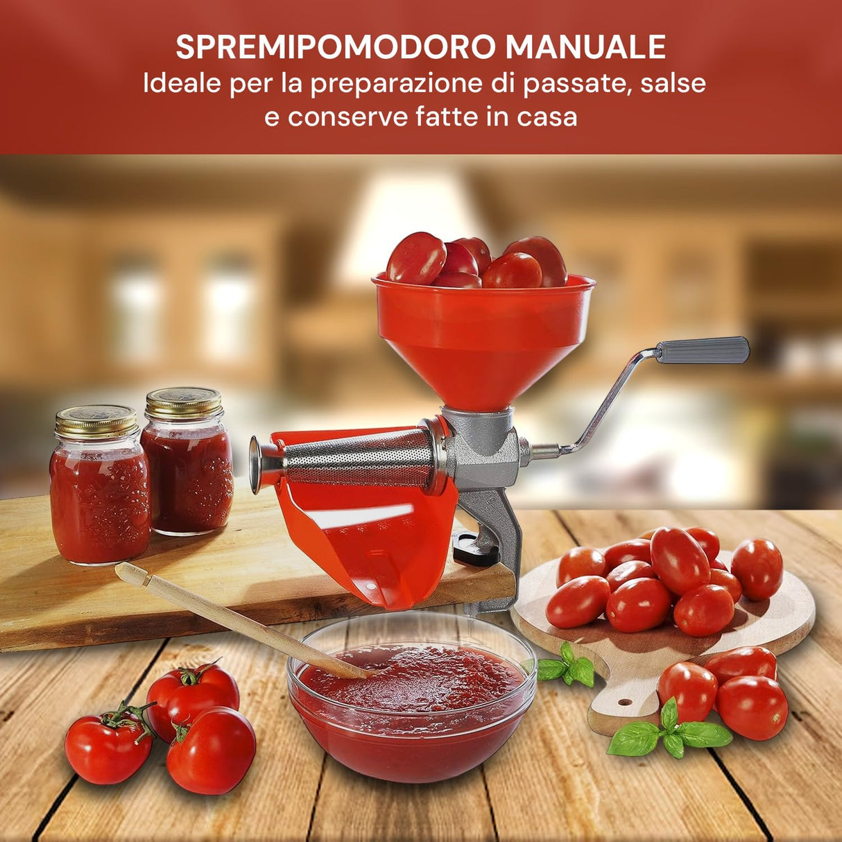 Wintem Exprimidor manual rojo 45 × 28,5 × 37 cm – Hecho de hierro fundido y acero inoxidable es resistente y duradero – Hélice eje tomate de resina acetálica resiste más de 220 °C – Fijación con