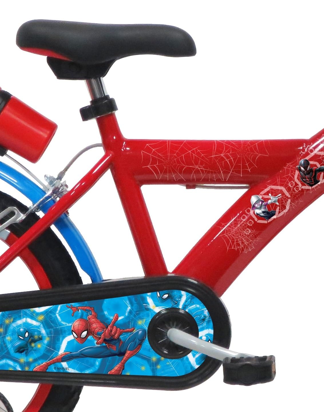 A.T.L.A.S. Bicicleta Infantil de 16 Pulgadas, Marvel Equipada con 2 Frenos, Placa Frontal Decorativa, Botella Trasera y Casco Spiderman Incluido ELO niño, Niños, Rojo idéntico a Las Fotos, 16''