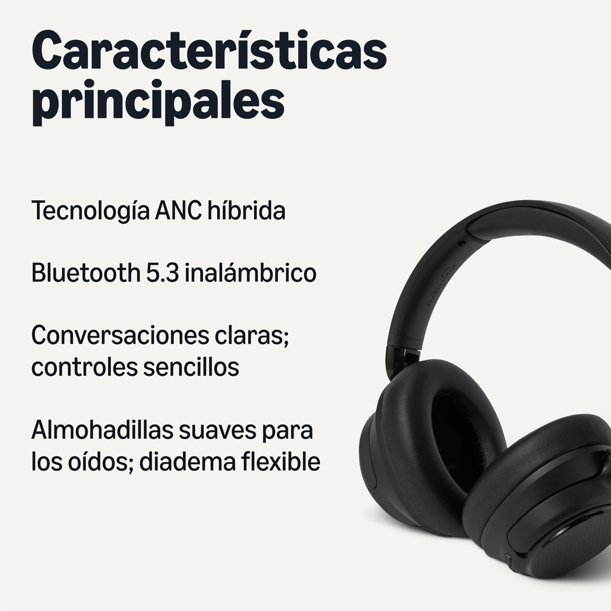 Amazon Basics Auriculares Híbridos con Cancelación Activa de Ruido, Inalámbricos, Circumaurales, Bluetooth, Negro, Tamaño único
