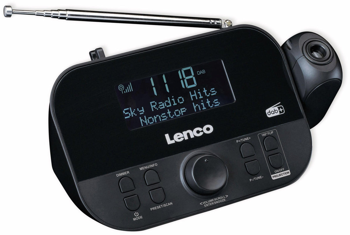 Lenco 810011 cr-615 Reloj Despertador con proyección Dab+ - Radio Digital con Dab+ y FM PLL - 30 emisoras memorables - Despertador de Dos Horas - proyector de 180 Grados - conexión de 3,5 mm - Negro