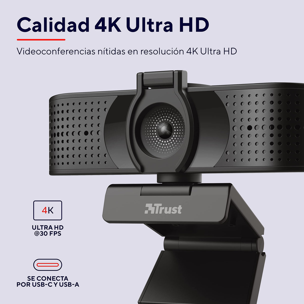 Trust Teza 4K Ultra HD Webcam, 3840x2160, 2 Micrófonos y Enfoque Automático, 30 FPS, USB Plug & Play, Cámara Web para Teams, Zoom, Skype, Portátil, Ordenador, Mac - Negro