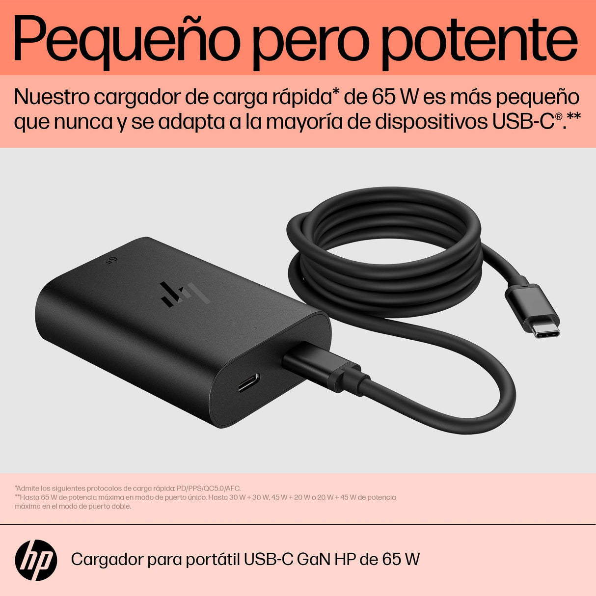 HP Cargador para portátil USB-C GAN de 65 W (Tamaño Compacto, Carga Rápida, Dos Puertos USB-C) Negro