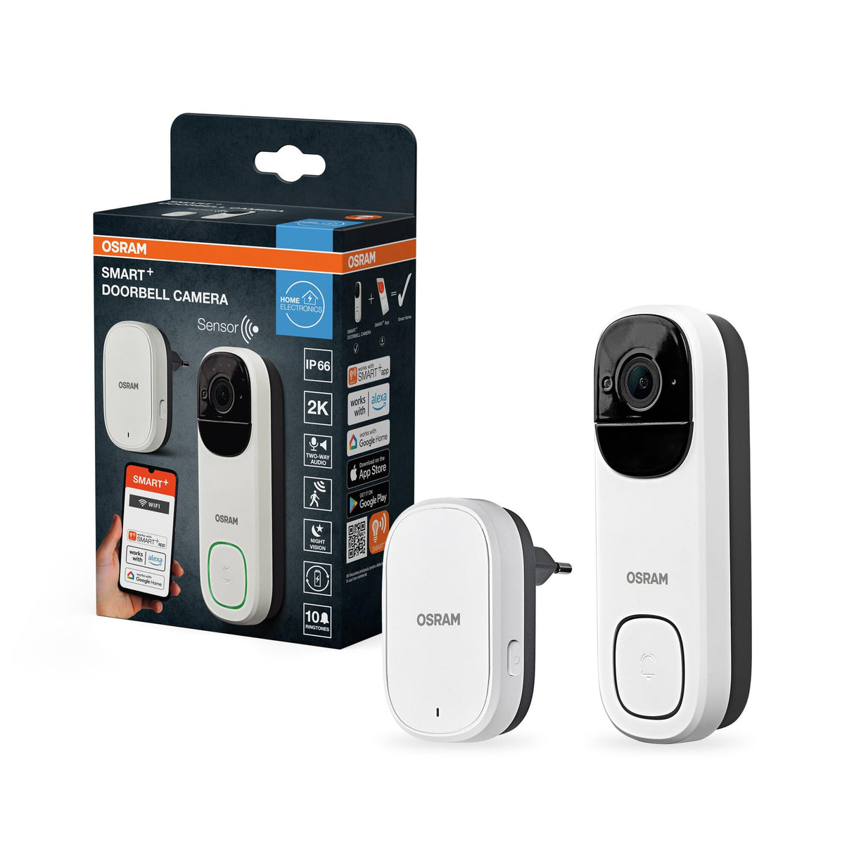 OSRAM Timbre con vídeo SMART+ WiFi 3MP 2K Batería IP66 Blanco Timbre con video SMART+ WiFi de 3 MP y 2K, sensor PIR, batería de 5200 mAh, timbre, ángulo de 160°, compatible con Alexa, blanco