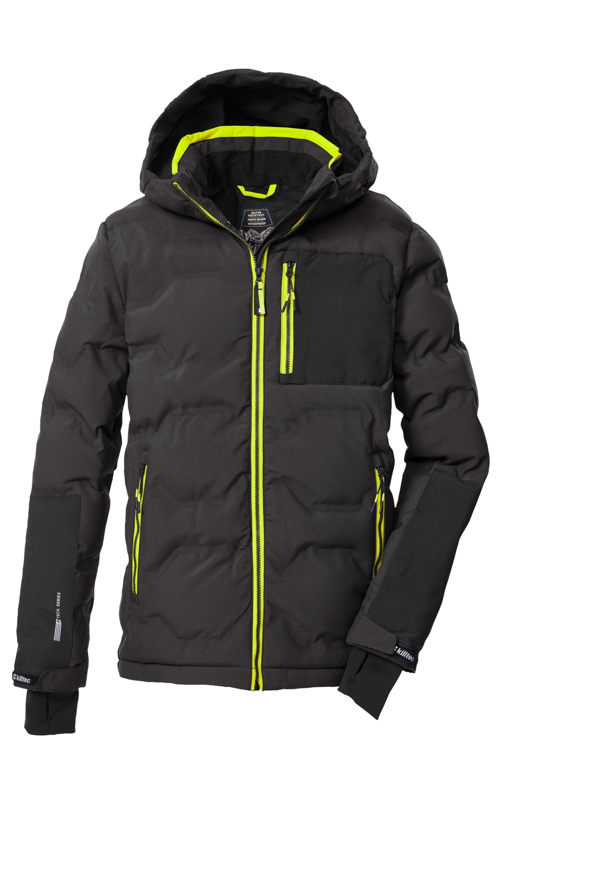 killtec Niños Chaqueta de esquí acolchada/chaqueta funcional con capucha y protección contra la nieve KSW 203 BYS QLTD JCKT, dunkelstein/schwarz/neongelb, 176, 43470-000