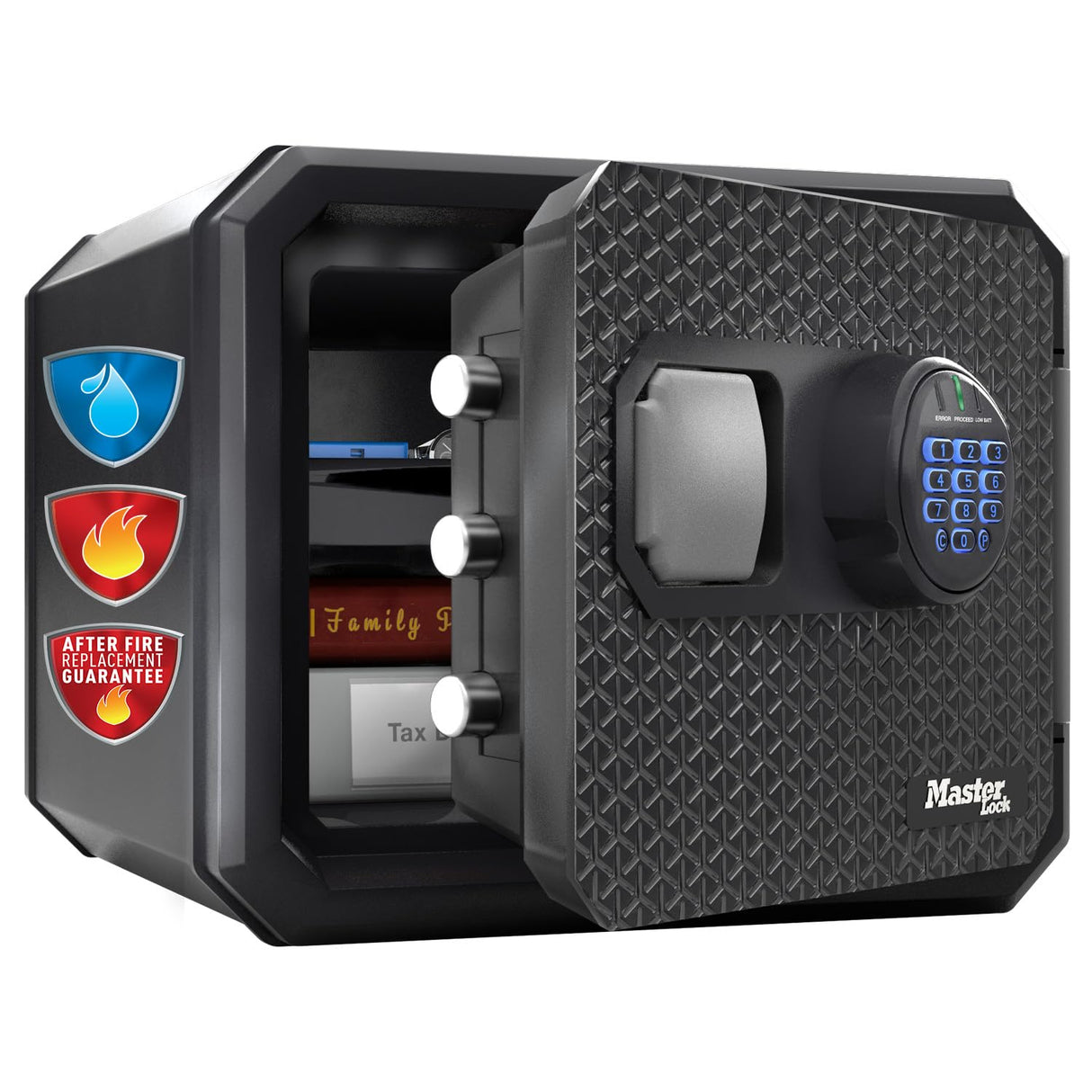 Master Lock Caja fuerte resistente al agua e ignífuga certificada, con capacidad de 23 L, dimensiones 417 x 348 x 478 mm, con combinación digital con teclado retroiluminado