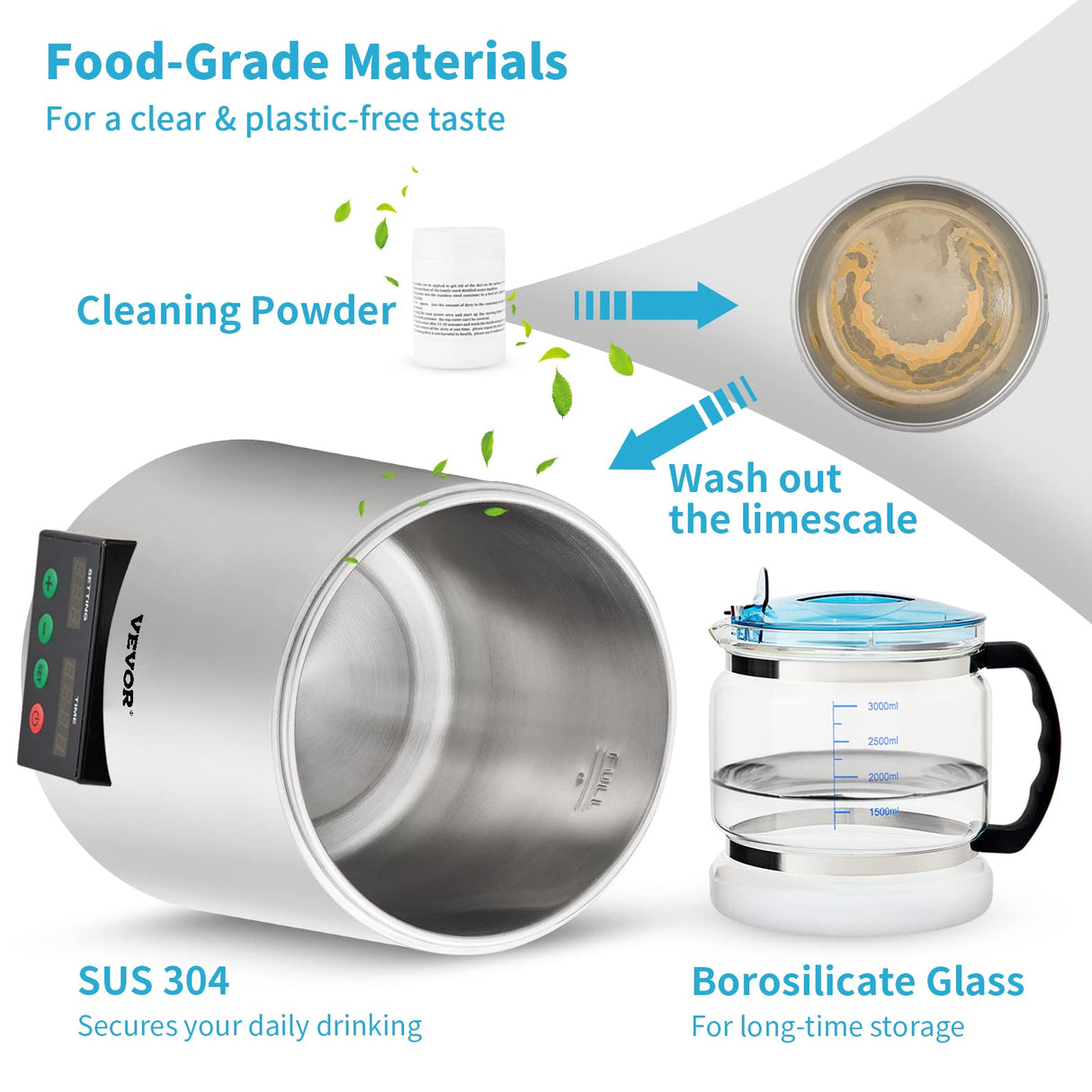 VEVOR Destilador de Agua 4 L Filtro de Destilación de Agua con Recipiente de Vidrio 750W 1 L/H Ajuste de Velocidad, Destilación Filtro Purificador 7,9 lbs de Acero Inoxidable con Pantalla Doble, Plata