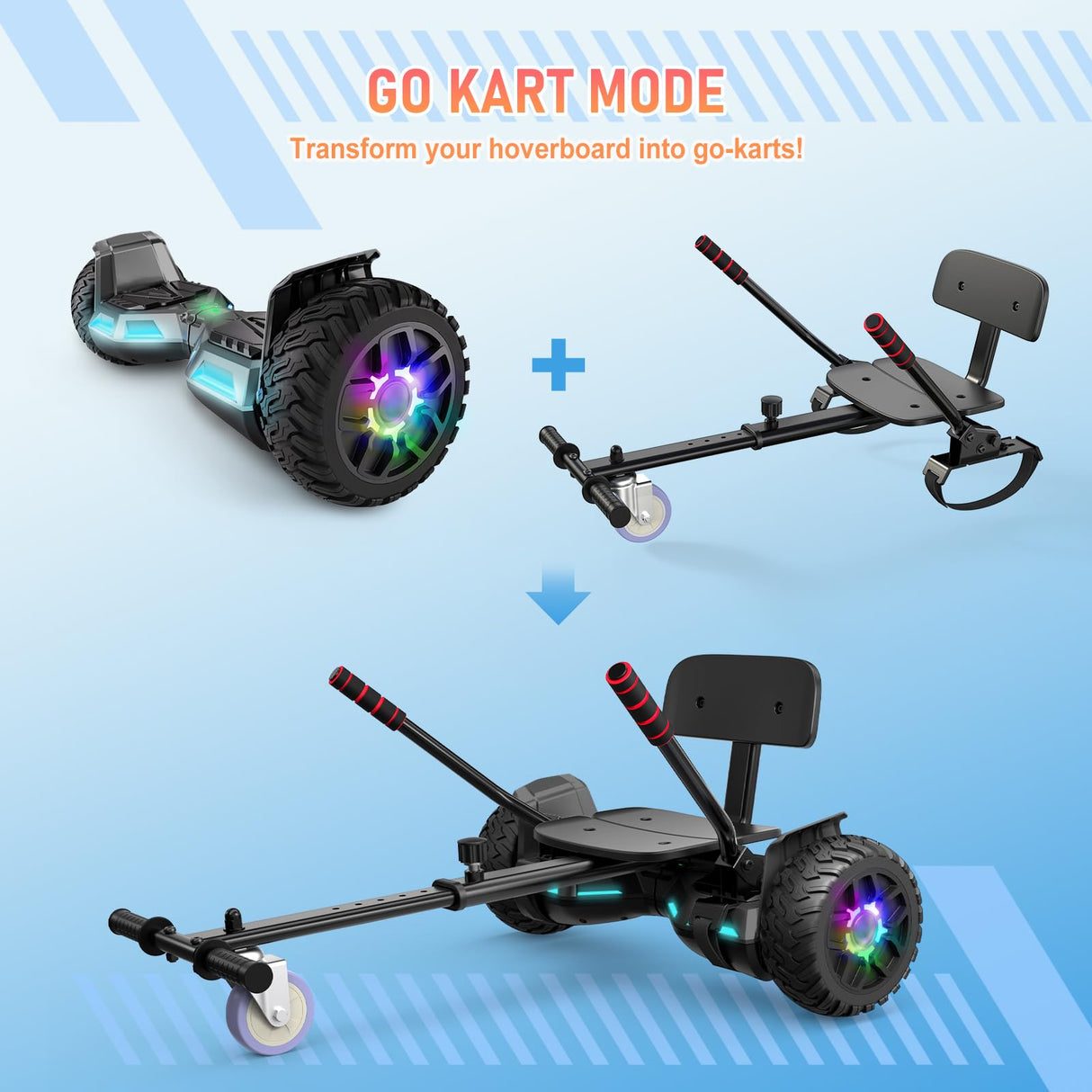Scooter Con Asiento, 8.5" Hoverboard Go Kart Combo Con Luces LED De Colores Y Bluetooth, Para Niños Niños Niñas Adultos Todas Las Edades