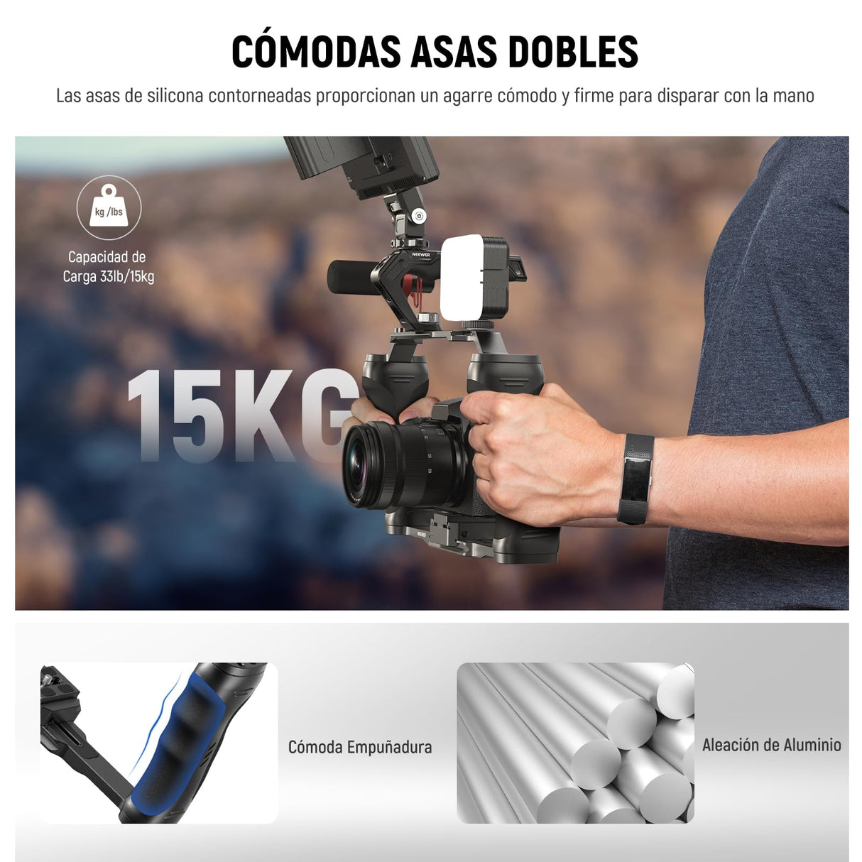 NEEWER Jaula Cámara Video Rig con Placa Liberación Rápida Arca, Empuñadura Dual, Roscas ARRI 3/8" y 1/4", Zapata Fría, Cage Estabilizador Universal Compatible con SmallRig NEEWER Placa Base, CA077