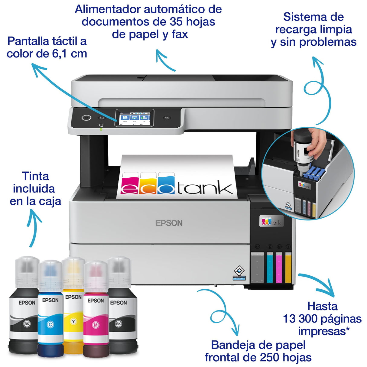 Epson EcoTank ET-5170, Impresora Alto Rendimiento Wifi A4 Multifunción con Impresión Doble Cara Automática, Imprime / Escáner / Copiadora / Fax