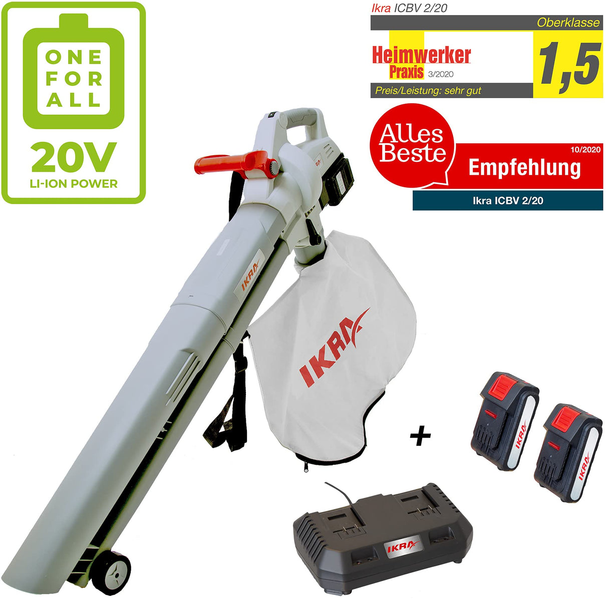IKRA 3en1 Aspirador soplador triturador a batería ICBV 2/20, Incl. 2X batería y Doble Cargador rápido Gris