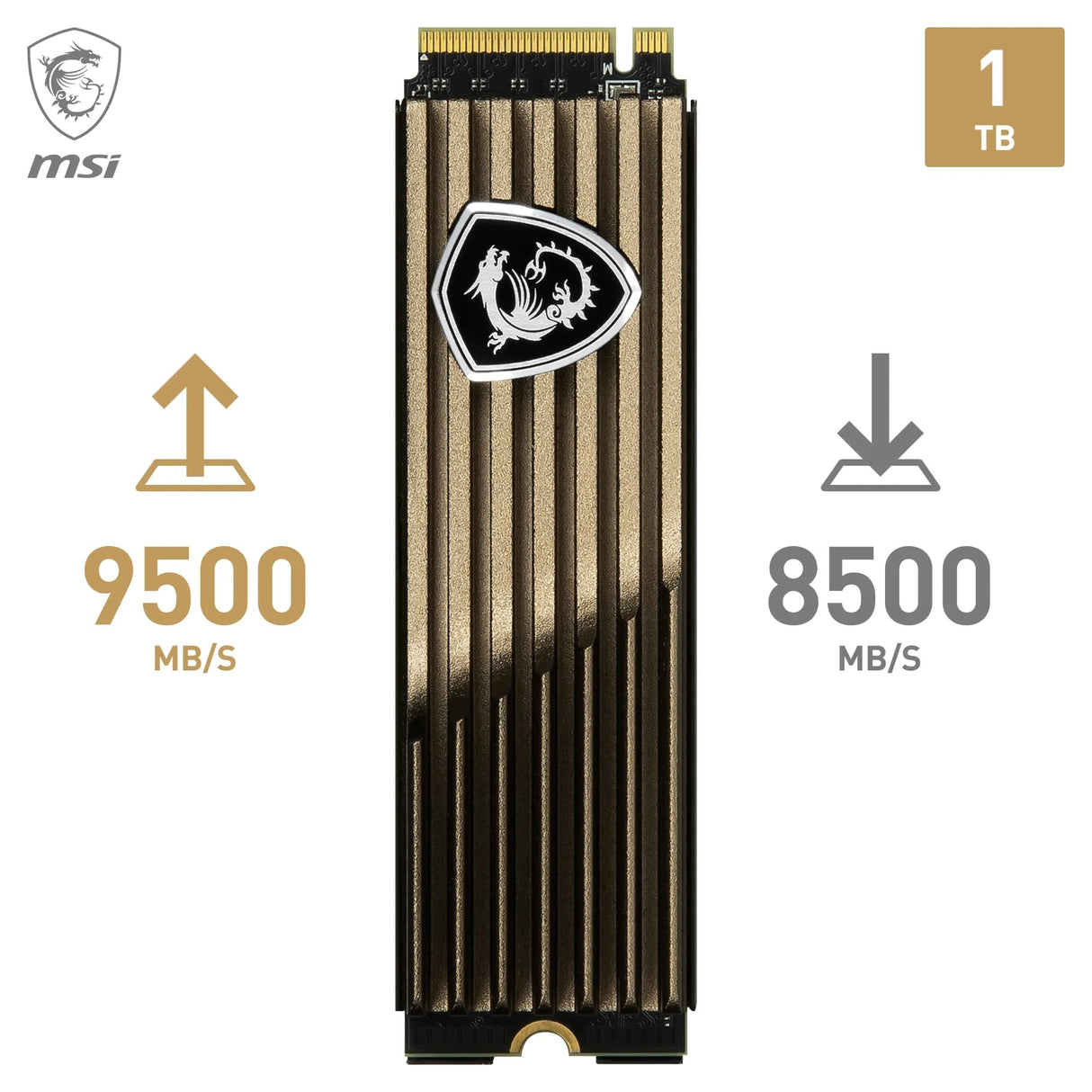 MSI SPATIUM M570 SSD 1TO con Heatsink - Unidad SSD Interna PCIe 5.0 NVMe M.2, Lectura 9500 MB/s, Escritura 8500 MB/s, 3D NAND, Seguridad de Datos integrada, Center - Garantía de 5 años (700 TBW)