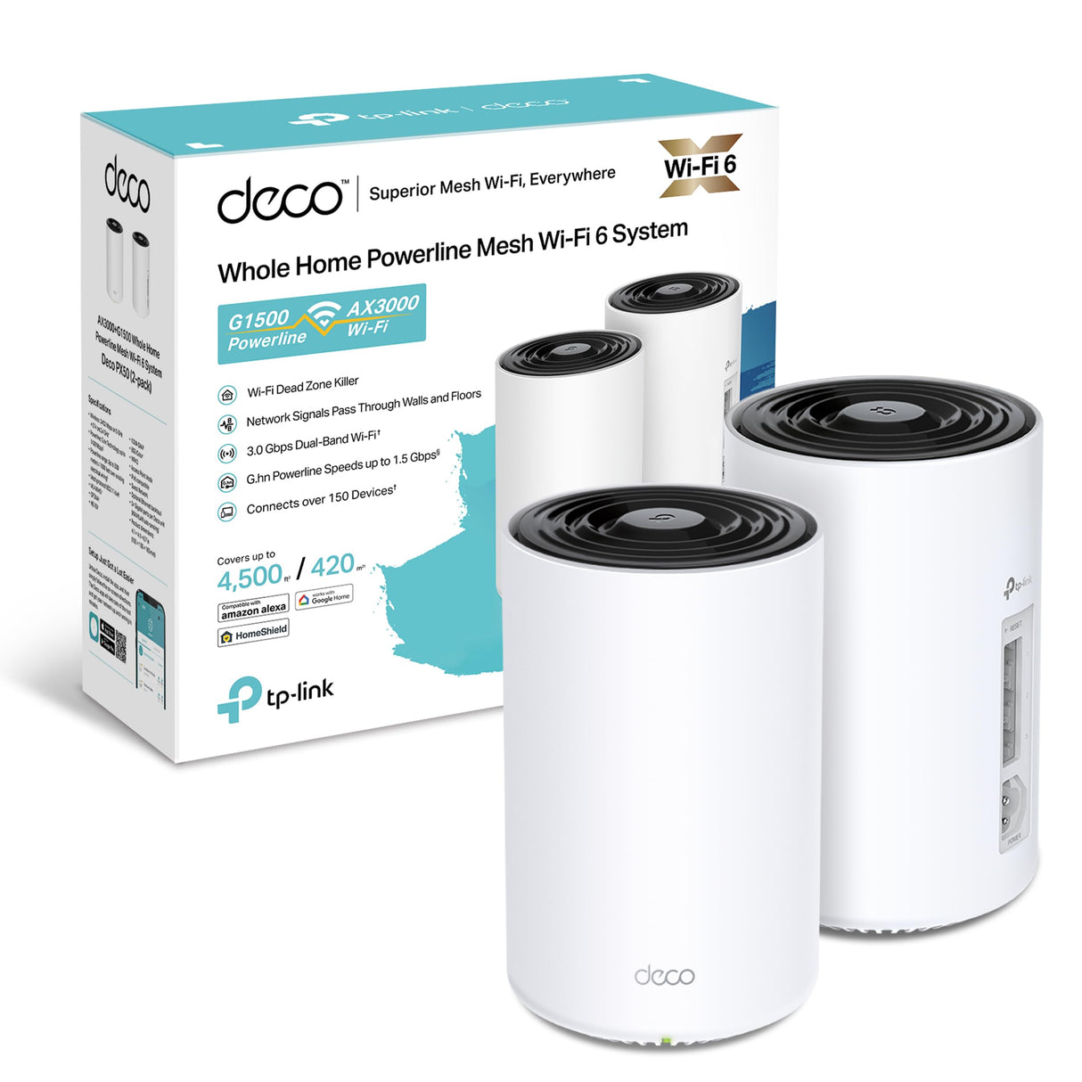 TP-Link Deco PX50 (2-Pack) - Sistema WiFi 6 AI Mesh+PLC, AX3000+G1500 Doble Banda 2.4 GHz/5 GHz, Cobertura hasta 400 m2,Conecta hasta 150 Dispositivos, 3X Puertos GigabIt por Unidad,MU-MIMO