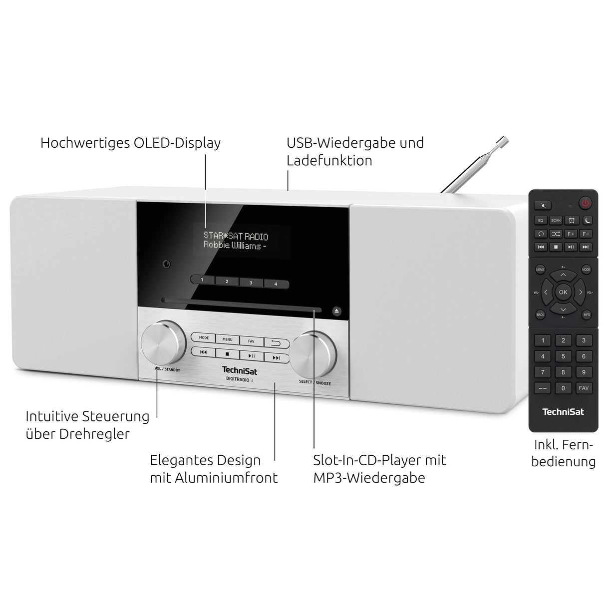 TechniSat DIGITRADIO 3 - Sistema Compacto de Radio Estéreo Dab (Dab+, FM, Reproductor de CD, Bluetooth, USB, Conexión para Auriculares, Entrada AUX, Radio Reloj Despertador, Pantalla OLED) Blanco