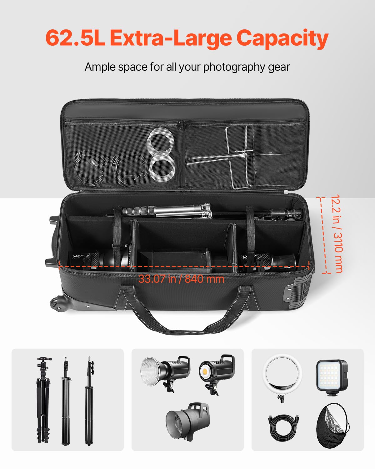 VEVOR Estuche con Ruedas para Equipo de Estudio 91 x 30 x 35,5 cm, Bolsa con Ruedas para Cámara, Correas, Asa Acolchada en el Compartimento para Soportes de Iluminación, Trípodes y Telescopios, Negro