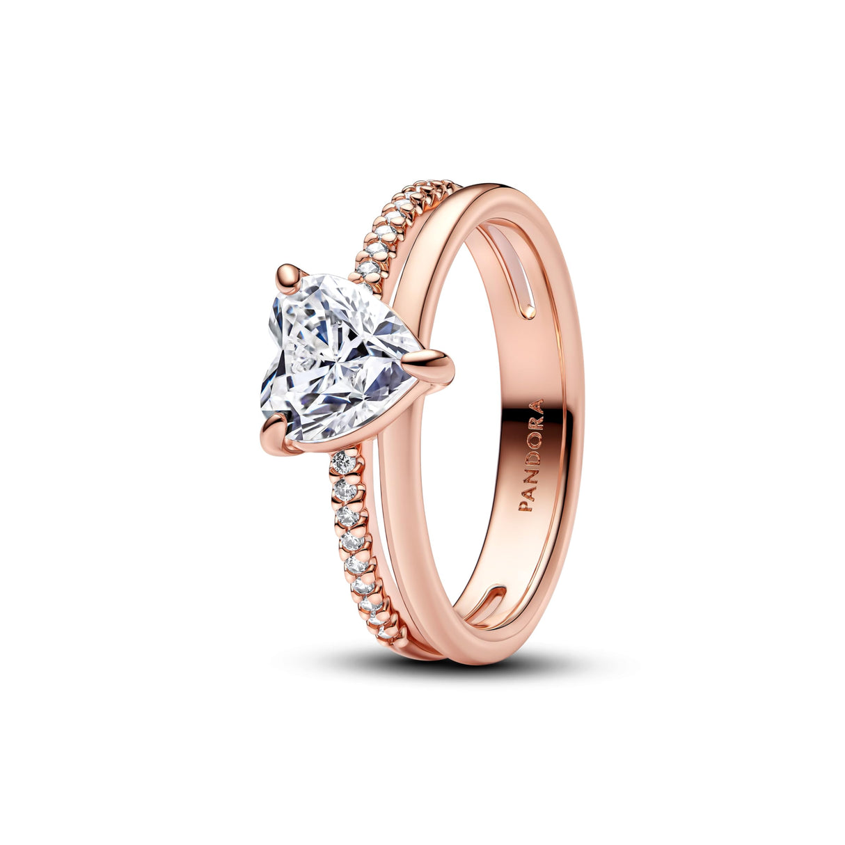 PANDORA Anillo doble con corazón de oro rosa 183100C01, 54/17,2, Plata de ley, Zirconia cúbica