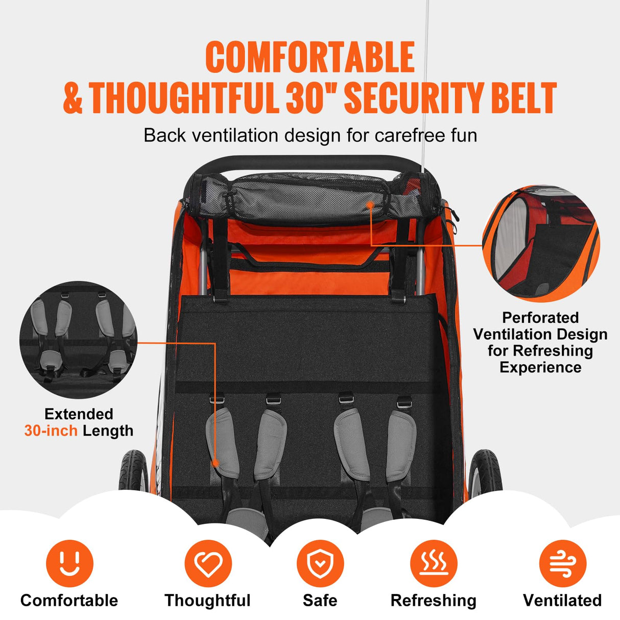 VEVOR Remorque de vélo pour Enfants, siège Double, Charge 55 kg, Porte-auvent 2 en1 transformant en Poussette, remorque de vélo Pliable pour Tout-Petits Avec attelage de vélo universel, Orange Gris