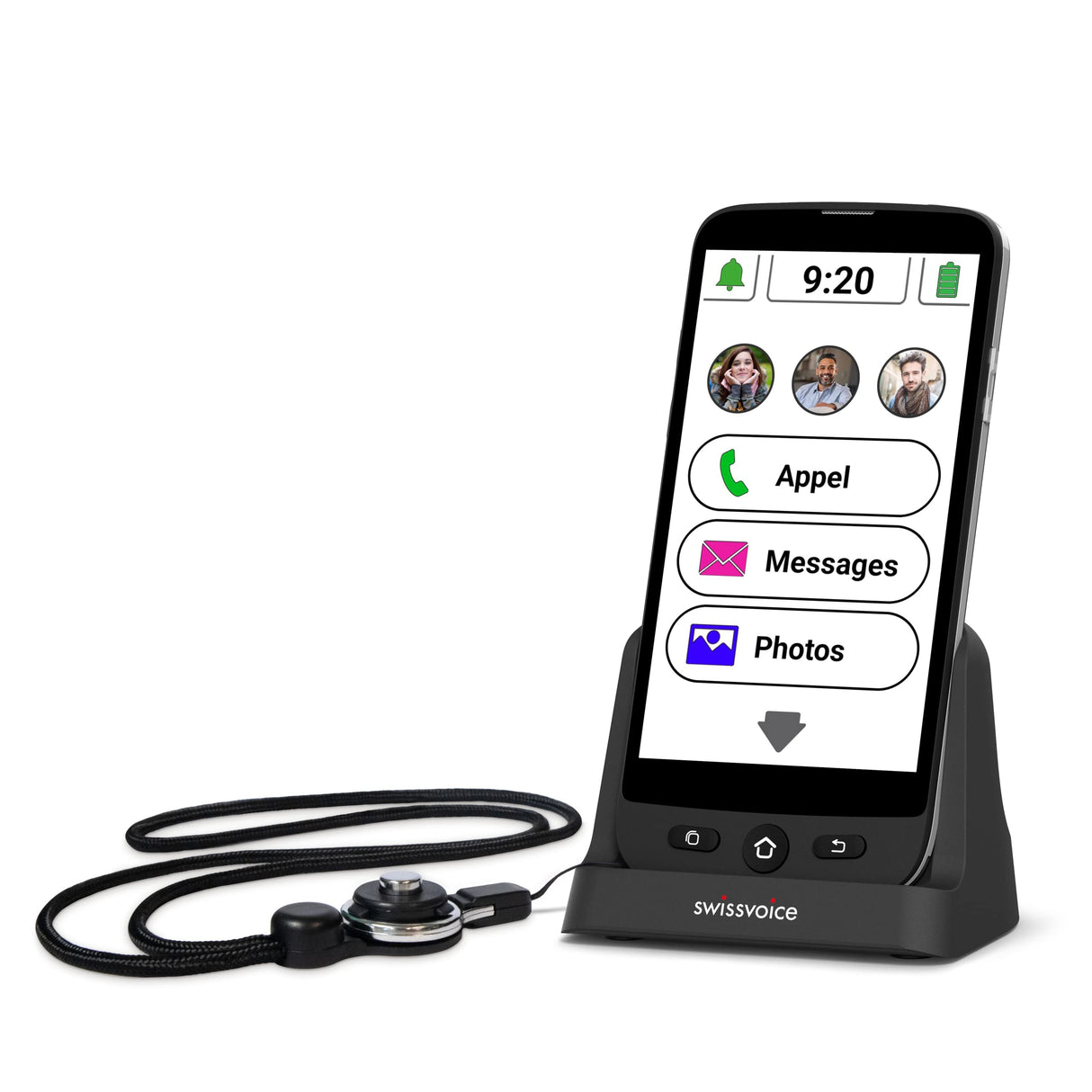 Swissvoice - Smartphone S510-C + Base de Carga + Cordón para el Cuello - Fácil de Usar - Botones Grandes - Botón de geolocalización SOS - Smartphone Seniors 4G - Libre - Negro