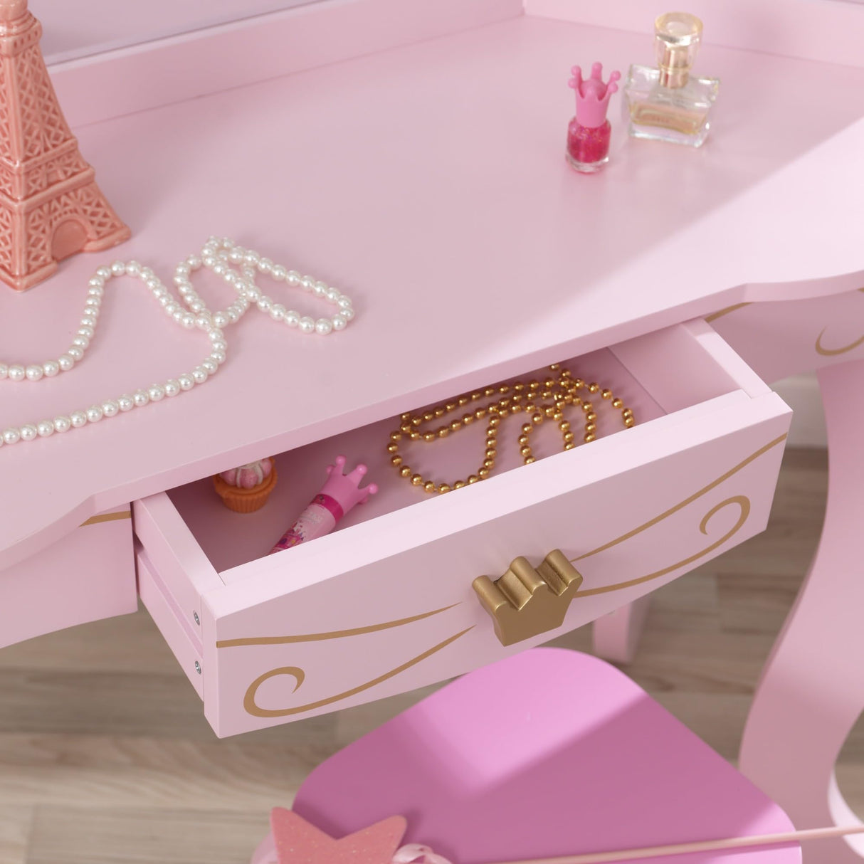 KidKraft Juego de tocador de Maquillaje Infantil Princesa con Espejo y Taburete de Madera, Muebles para Salas de Juego y Dormitorio de niños (76123)
