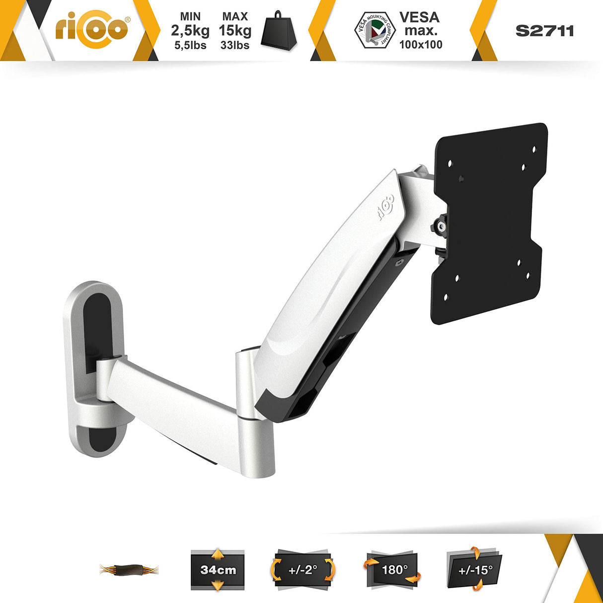 RICOO Soporte Monitor Pared Giratorio Inclinable Monitores PC 15-33" (38-84cm) S2711 Brazo Universal Pantallas Ordenador LED/LCD VESA 100x100