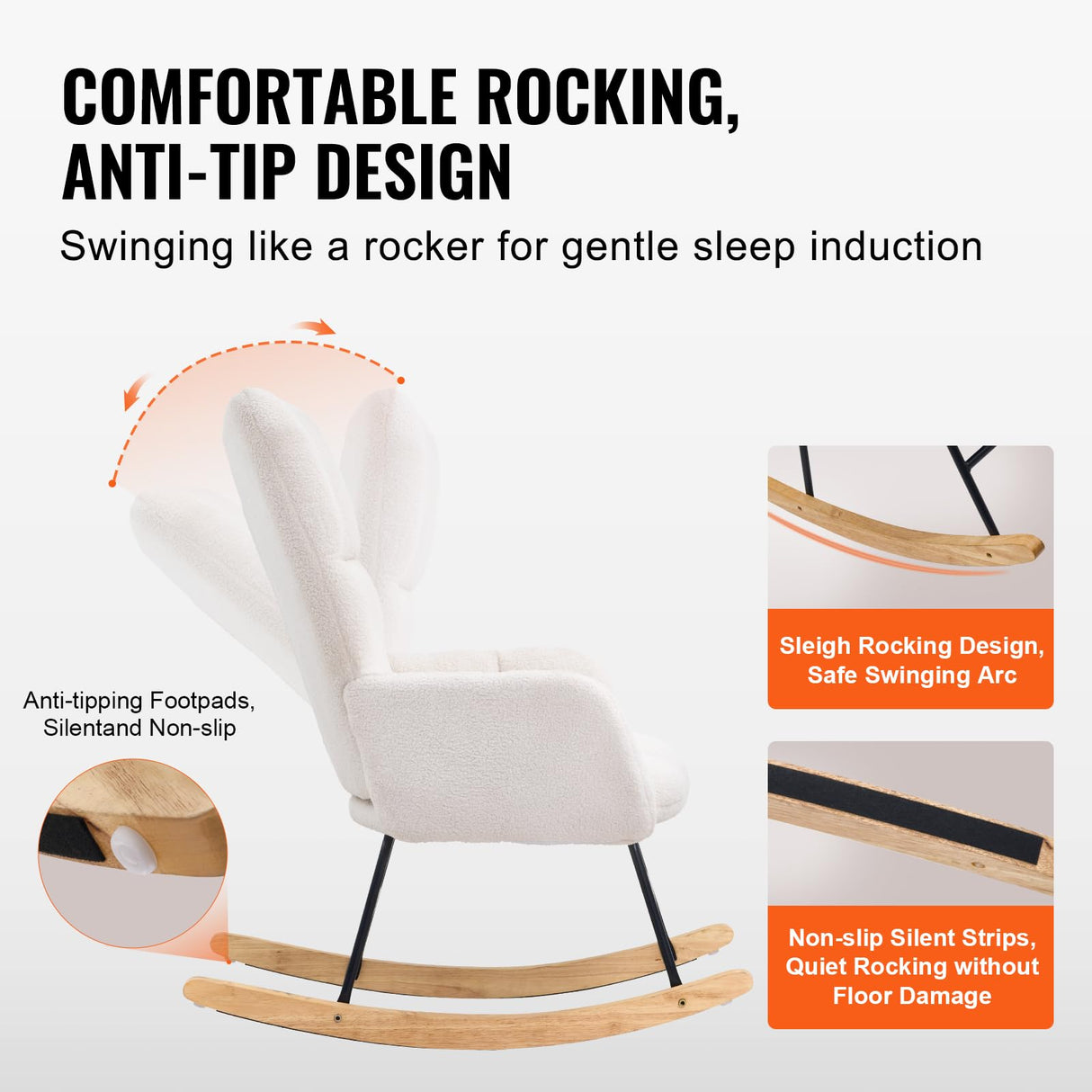 VEVOR Columpio, 113 kg Capacidad de Peso Tela de Peluche Acolchado balancín Deslizante Asiento Suave y Respaldo Alto, Silla de Lactancia para guardería, Dormitorio, Sala de Estar, Blanco Marfil, 95 x