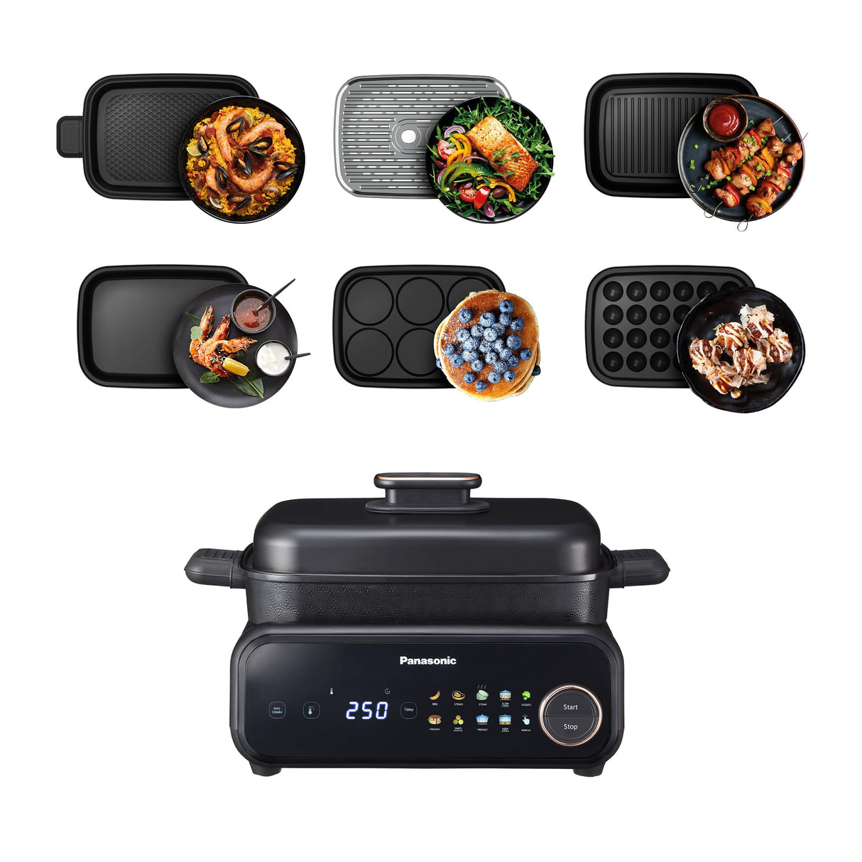 Panasonic NF-GM600 - Olla Multifunción Eléctrica 6 en 1, 1400 W, 40-250 °C, 9 Modos Automáticos, 6 Accesorios Platos, Extractor de Humo, Apta para Lavavajillas, Cable de 2,5 m, Color Negro