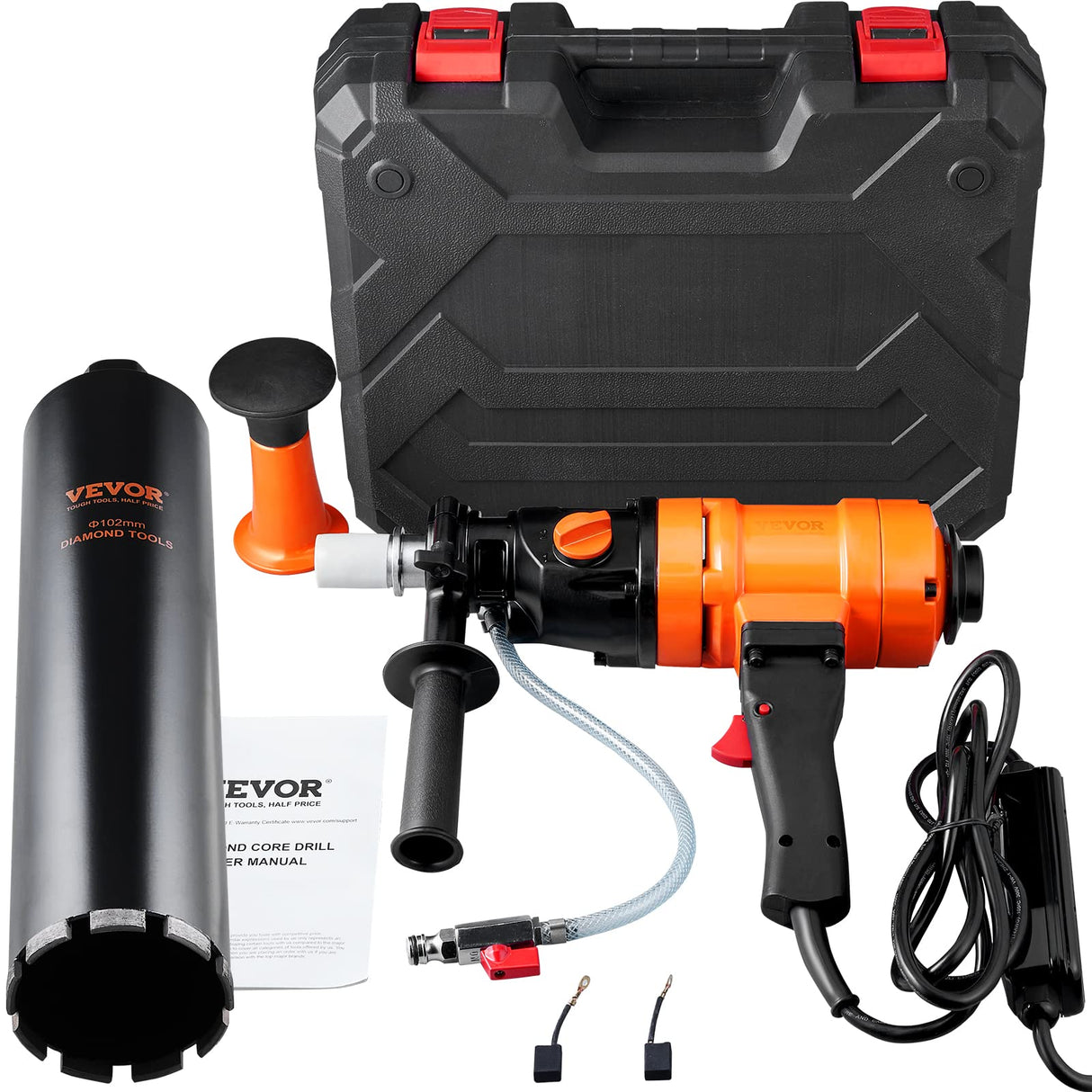 VEVOR Taladro de Diamante Diámetro de 8-10,2 cm Taladro de Mano para Hormigón Profundidad de 400mm Broca Diamantada 1500W 1100/2400 rpm con Extractor de Núcleos y Nivel Construcción de Hormigón Armado