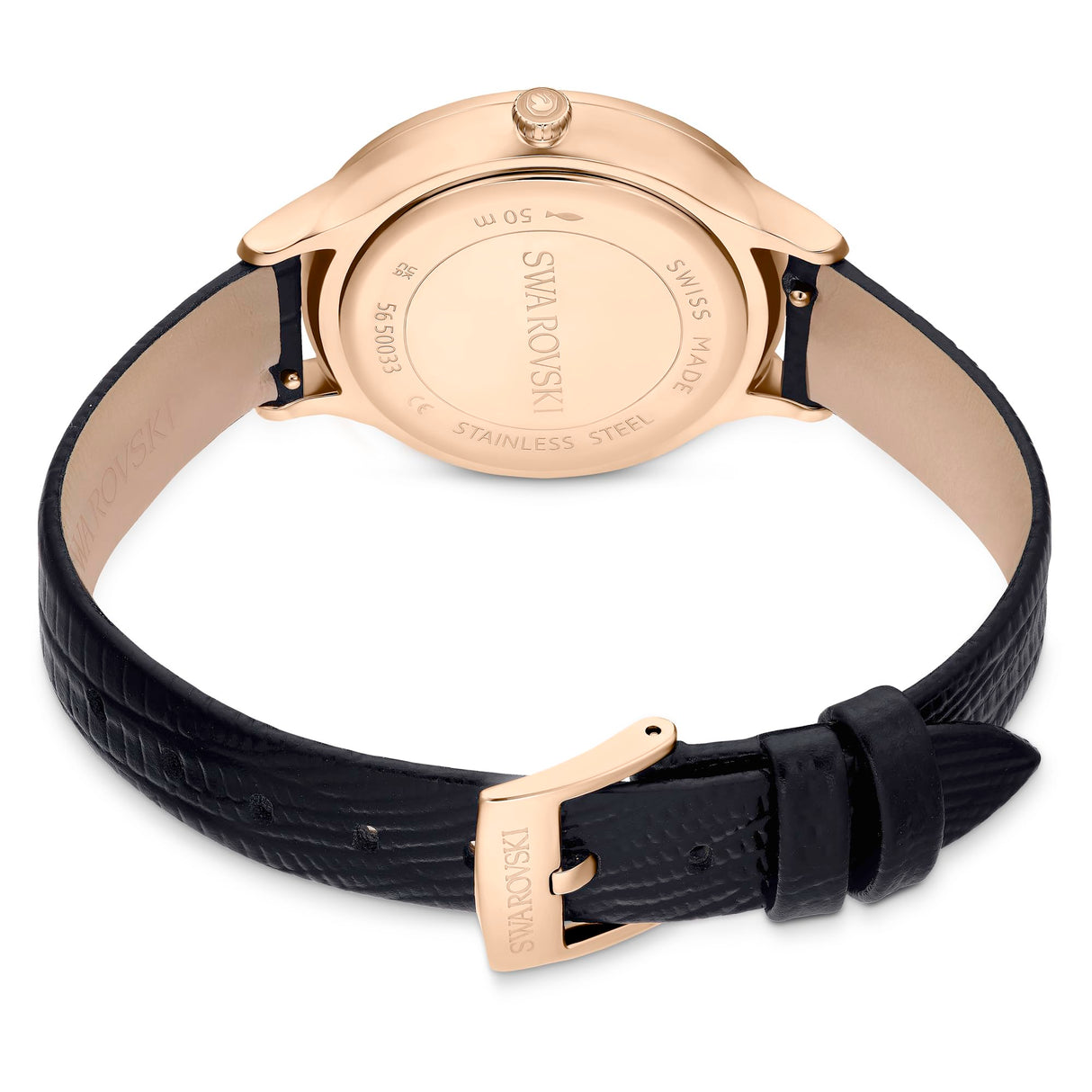 Swarovski Reloj Octea Nova, Fabricado en Suiza, Correa de piel, Negro, Acabado tono oro rosa