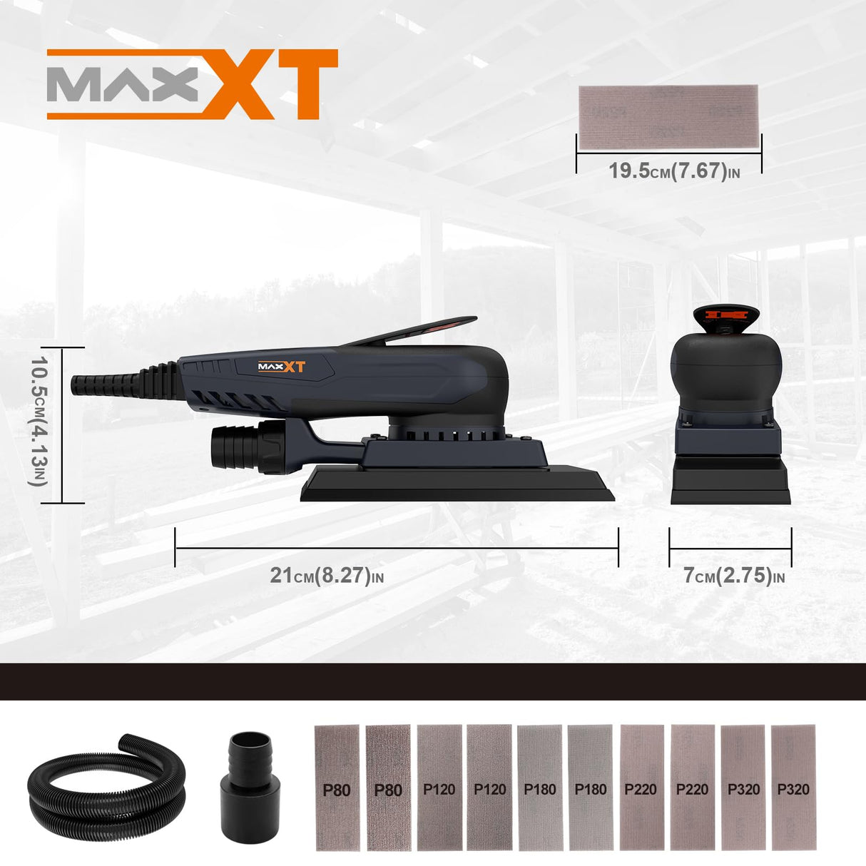 Lijadora orbital 3mm sin escobillas MAXXT, Lijadora electrica 350W velocidad ajustable-4000-10000/RPM, Freno automático-2s, Recolección automática polvo, superficie lijado(198 * 70mm)-10 papeles lija