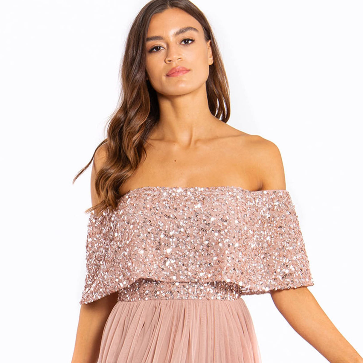Maya Deluxe Women's Misty Green Bardot Embellished Maxi Dress Bridesmaid Vestido de Dama de Honor, Malva, 38 para Mujer