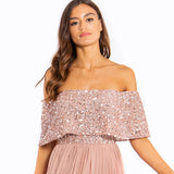 Maya Deluxe Women's Misty Green Bardot Embellished Maxi Dress Bridesmaid Vestido de Dama de Honor, Malva, 38 para Mujer