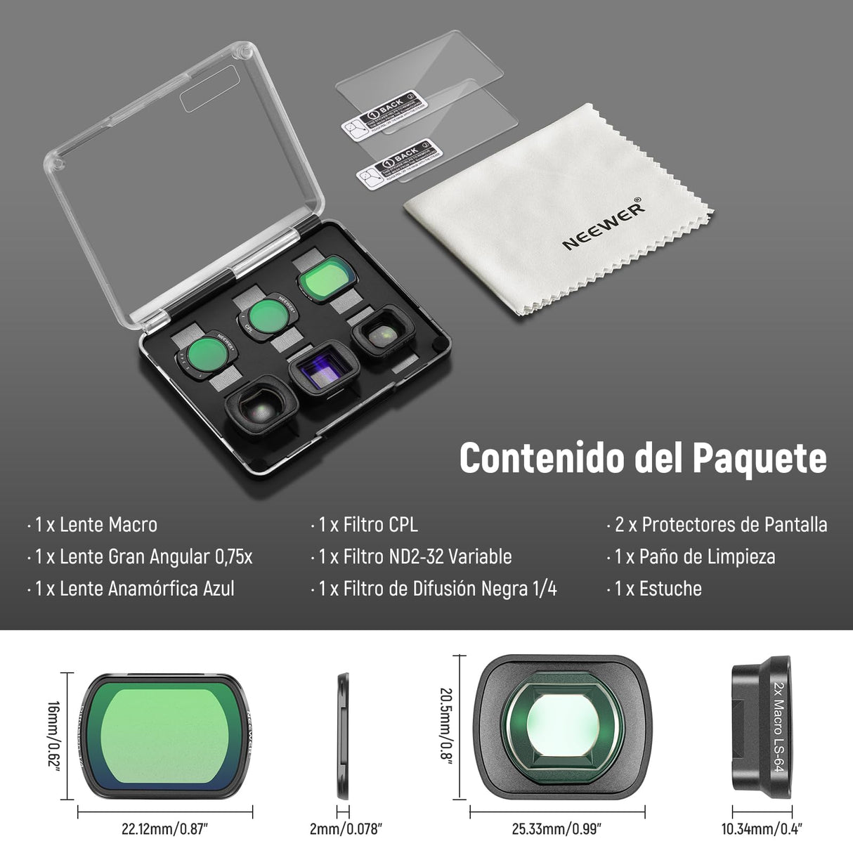 NEEWER Juego de 3 Filtros ND (ND2-32 Variable, CPL, Difusión Negra 1/4) y Lente Gran Angular 0.75X, Lente Macro 2X, Lente Anamórfica Azul 1.2X, Protectores Compatibles con dji Osmo Pocket 3, FL-B28