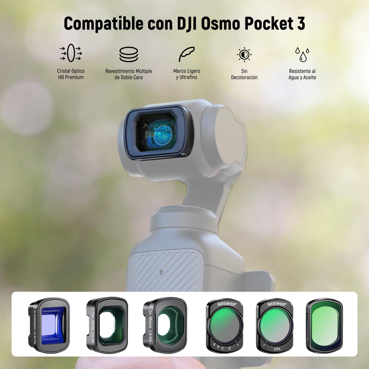 NEEWER Juego de 3 Filtros ND (ND2-32 Variable, CPL, Difusión Negra 1/4) y Lente Gran Angular 0.75X, Lente Macro 2X, Lente Anamórfica Azul 1.2X, Protectores Compatibles con dji Osmo Pocket 3, FL-B28