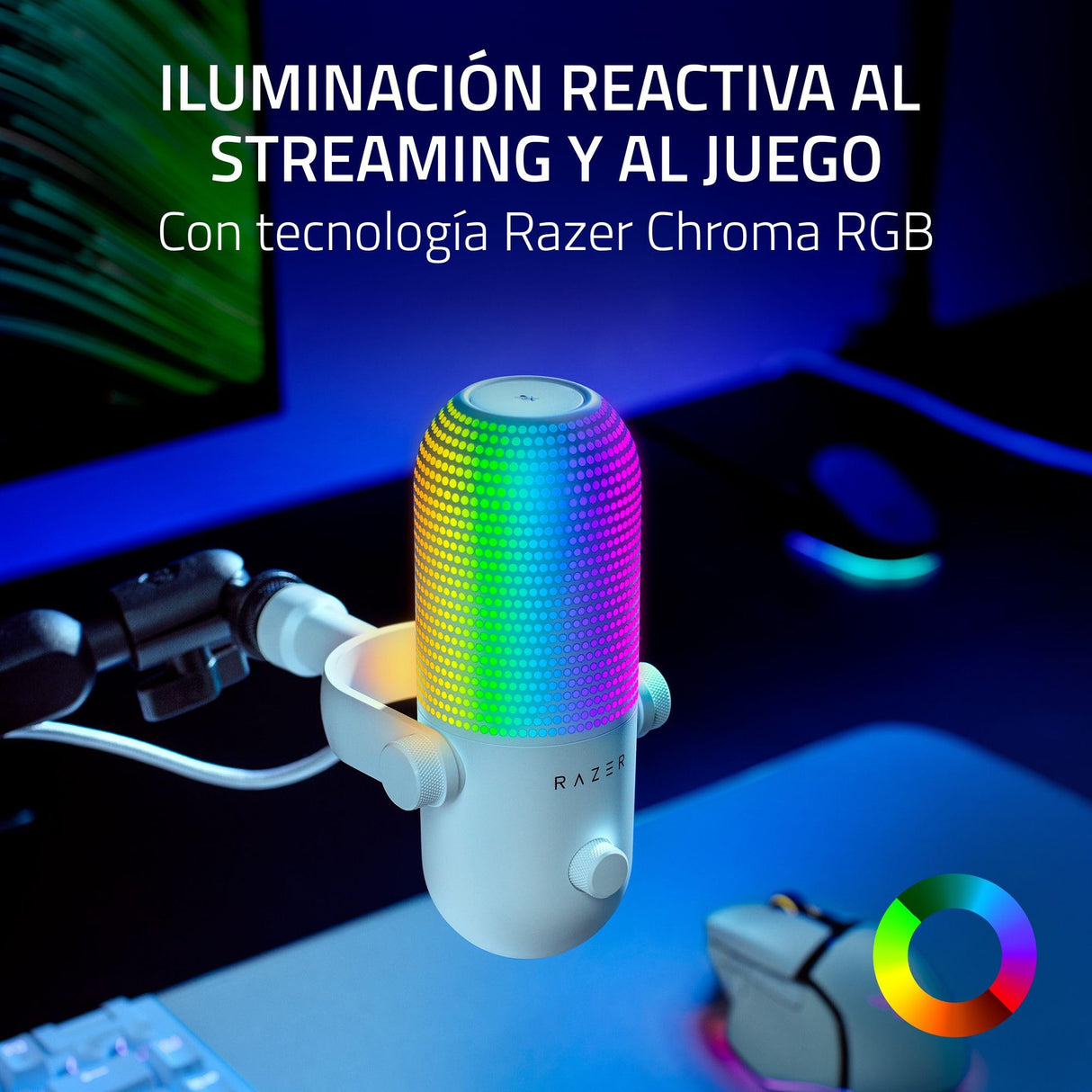 Razer Seiren V3 Chroma - Micrófono USB RGB - Micrófono de Condensador supercardioide con Tap-to-Mute (iluminación reactiva, limitador de Ganancia Digital y Amortiguador Integrado) Blanco