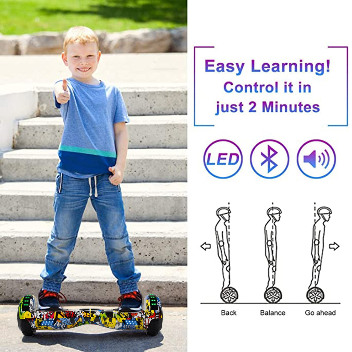 SISIGAD Hoverboard Scooter auto equilibrante de 6.5 pulgadas con dos ruedas autoequilibrante con altavoz Bluetooth y luces LED Scooter eléctrico para adultos y niños regalo UL 2272 certificado