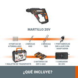 WORX H3 Martillo perforador sds plus 20V Máx. | WX390.1 | PowerShare | Incluye 2 baterías 2Ah, cargador y maletín | 1,2J | Velocidad variable | Ligero y compacto | Válido para mampostería y hormigón