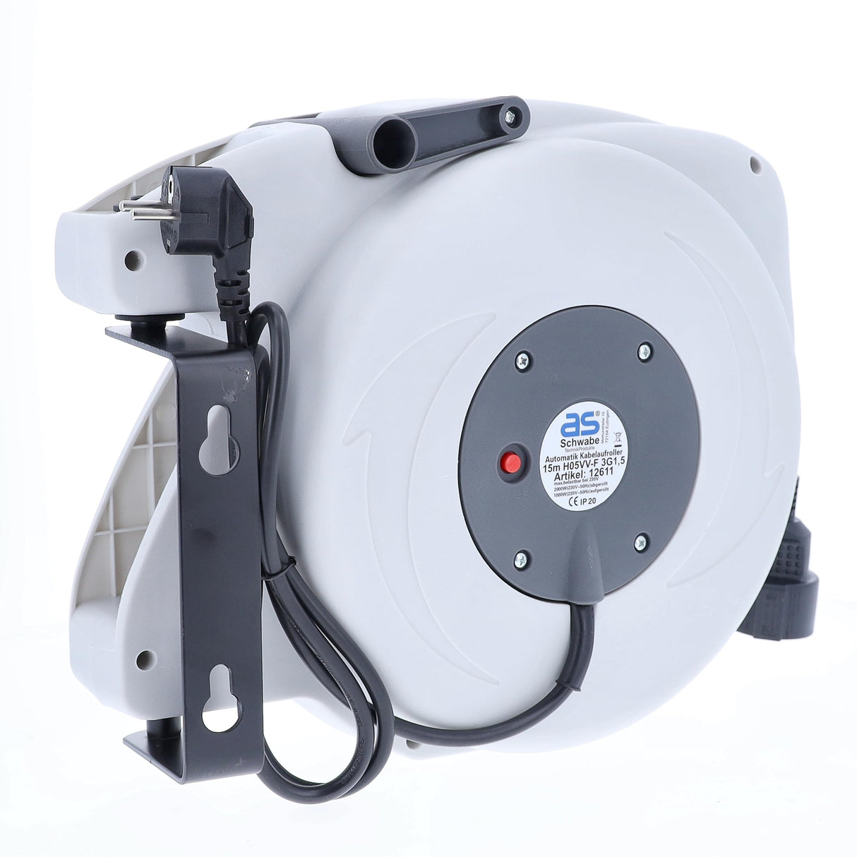 as - Schwabe Carrete de cable retráctil automático 20 m H05VV-F 3G1,5 - Enrollador de manguera - 180° Giratorio - 2 m de cable de conexión - desmontable - Montable en Pared y Techo - IP20, 12645