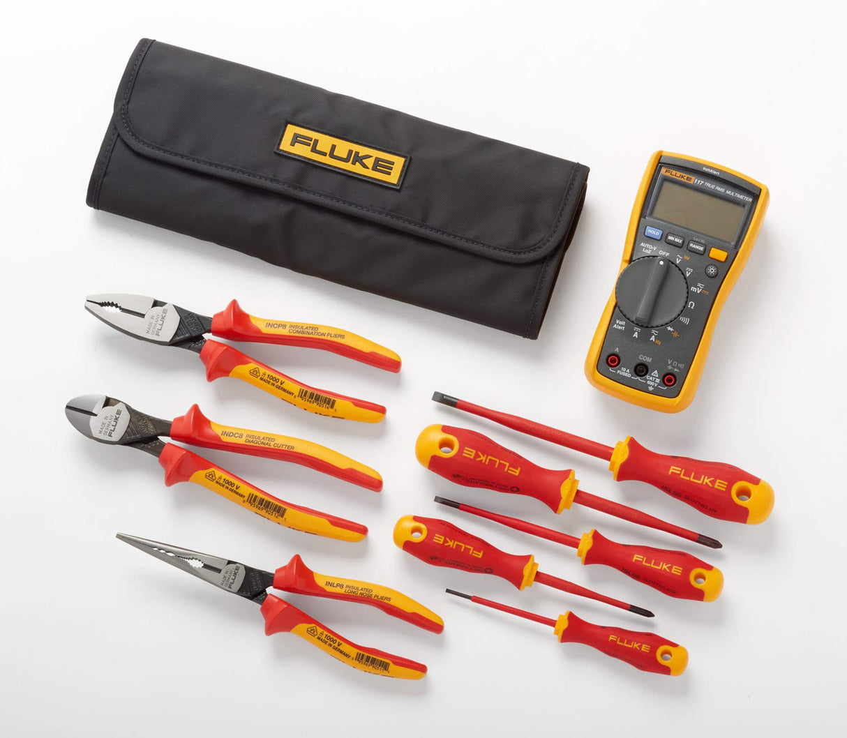 Multímetro para aplicaciones eléctricas Fluke 117 + Kit básico de herramientas de mano (5 destornilladores aislados y 3 alicates aislados)