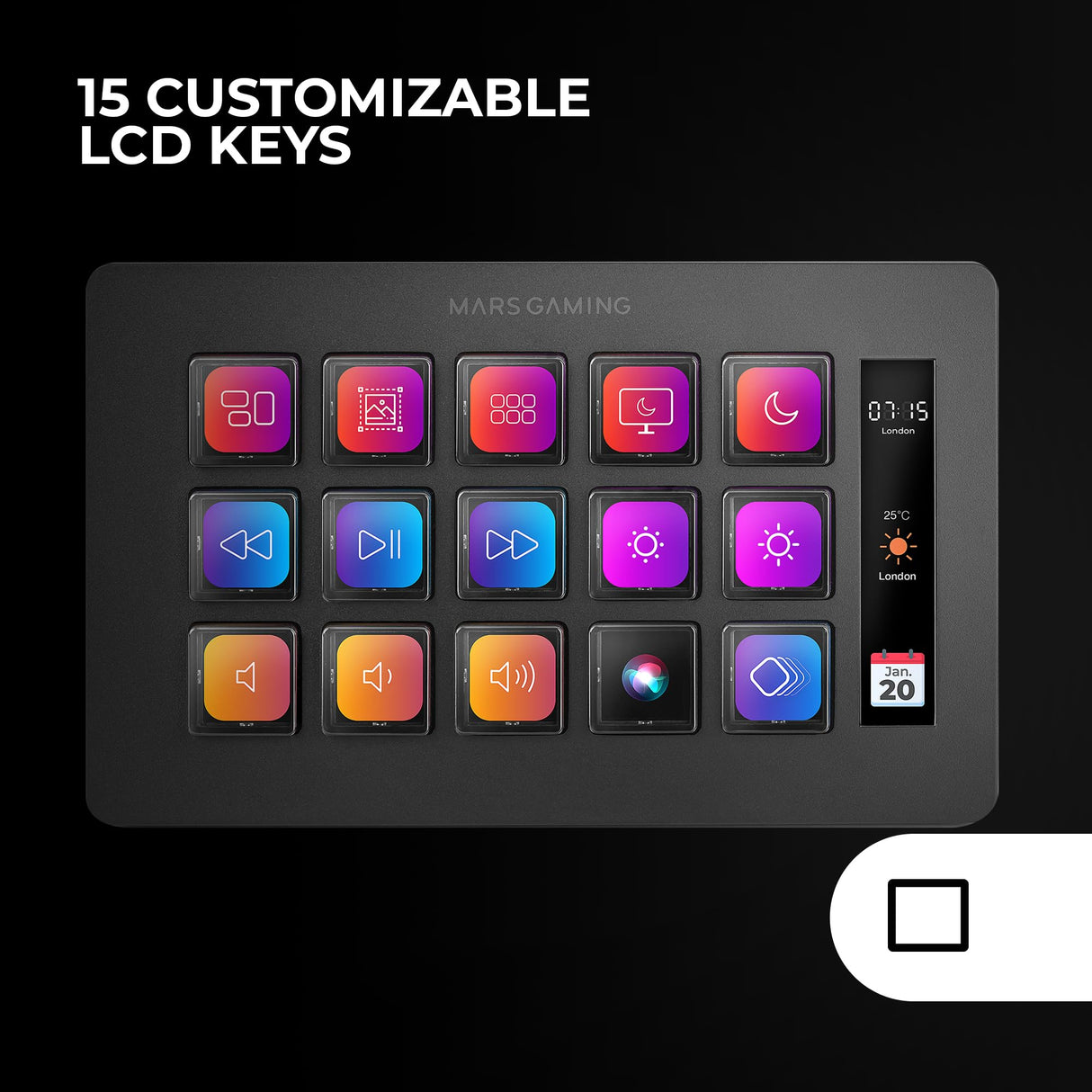 Mars Gaming MSD-ONE, Control Deck Slim, 15 Teclas LCD Personalizables, Pantalla LCD Ampliada, Software de Control y Plug-ins, Control Deck Compacto con Diseño Slim Ergonómico, Windows y MacOS, Negro