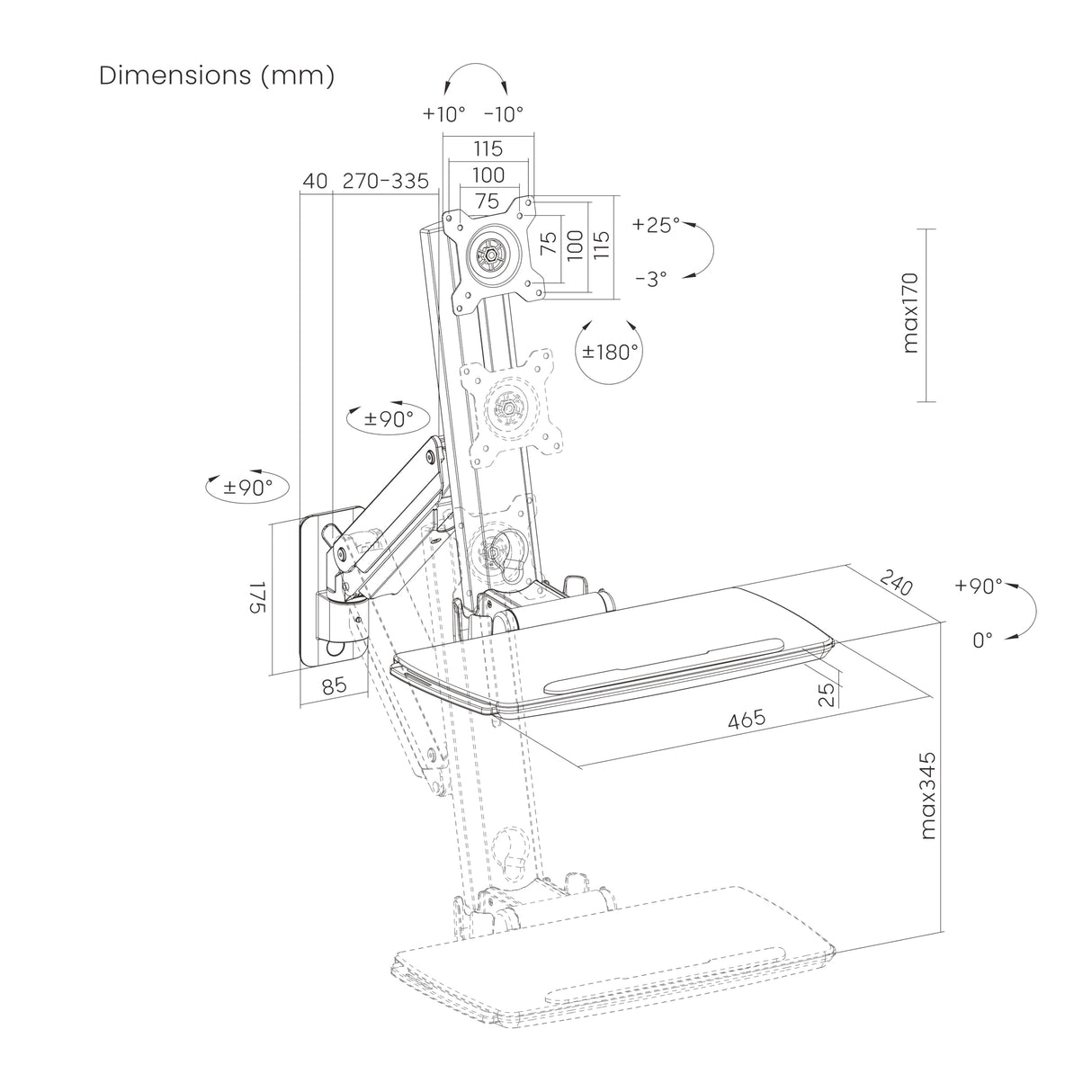 PureMounts Soporte para Monitor con Bandeja para Teclado, Soporte de Pared para Pantalla con Bandeja para Teclado, Ajustable en Altura, Giratorio, Inclinable, Estación de Trabajo de Pie, Blanco