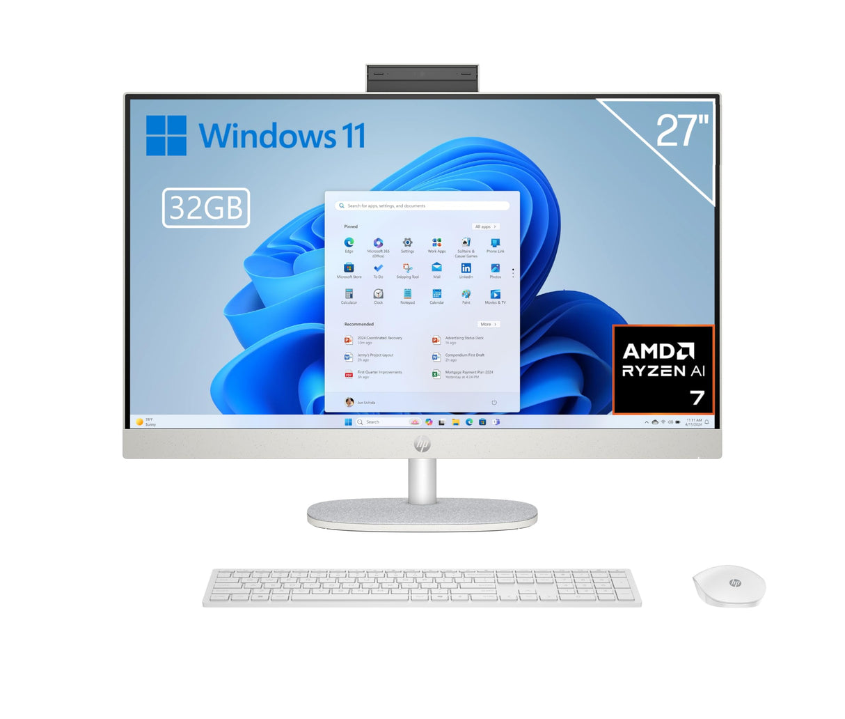 HP 27-ct2003ss - Ordenador de 27" Full HD con Cámara, Teclado y Ratón Inalámbricos (AMD Ryzen AI 7 350, 32GB RAM, 1TB SSD, AMD Radeon Graphics, Windows 11) Blanco - Teclado QWERTY Español