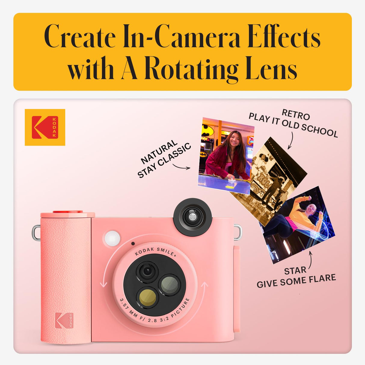 KODAK Smile+ Cámara Digital instantánea 2-en-1 y Impresora Bluetooth - 10MP, Lente giratoria con Efectos, Fotos Adhesivas Zink 2x3”, Imprime Desde App en Dispositivos Inteligentes - Rosa