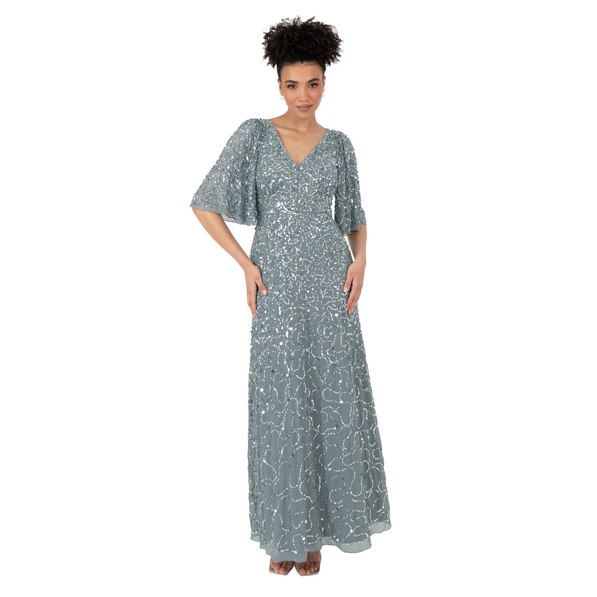 Maya Deluxe Women's Ladies Maxi Dress V-Neck Short Angel Sleeve Sequin Embellished A-Line Bridesmaid Wedding Guest Prom Ball Gown Vestido, Misty Green, 36 De Las Mujeres