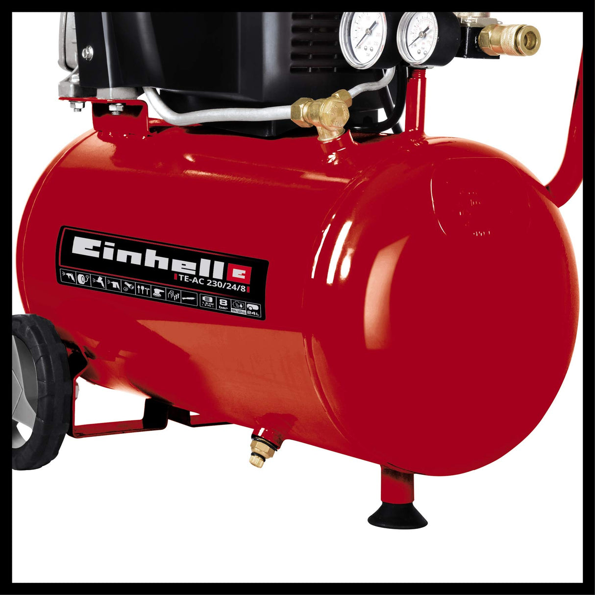Einhell Compresor con cable - TE-AC 230/24/8. 1500 W, máx. 8 bar, depósito: 24 l, lubricación: aceite, antivibración, válvula de retención, tornillo de vaciado, 2 manómetros