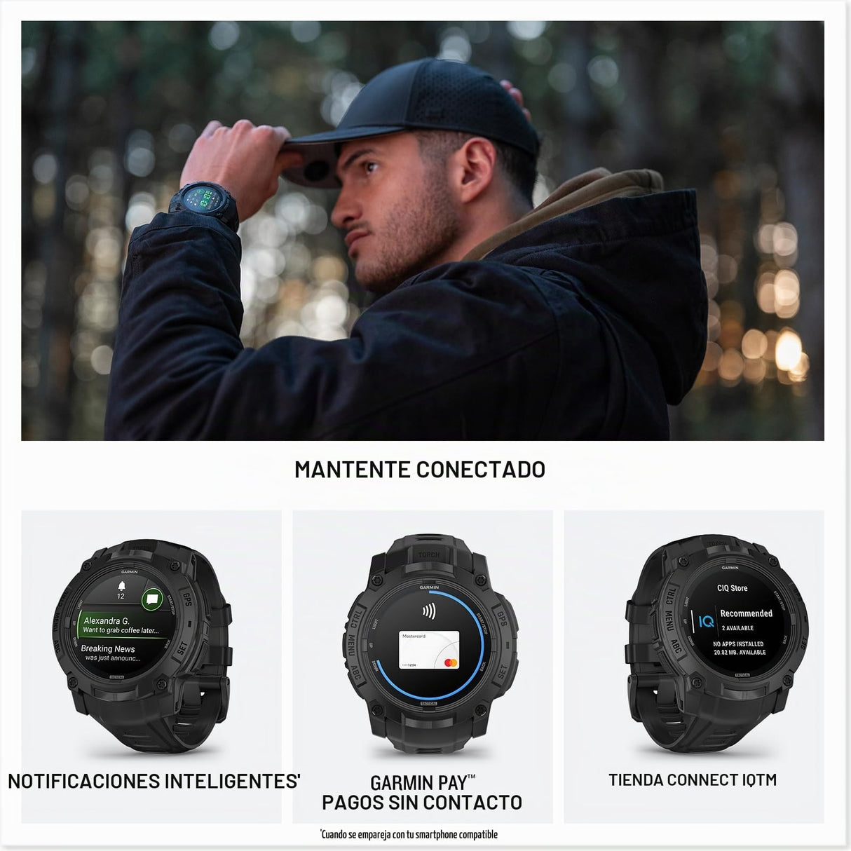 Garmin Reacondicionado Instinct 3 Tactical Edition, 50 mm, Reloj Inteligente con GPS Resistente al Agua, Pantalla AMOLED, Linterna LED, hasta 24 días autonomía, Negro, Reacondicionado
