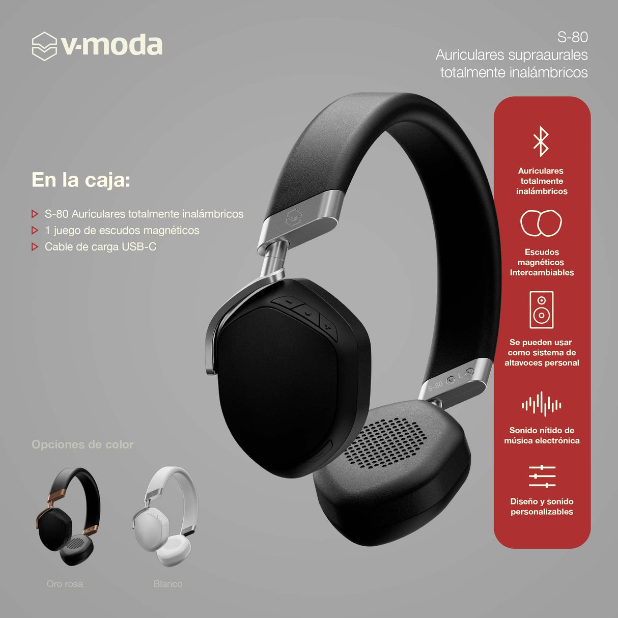 V-Moda S-80 | Auriculares supraaurales Totalmente inalámbricos | Sistema de Altavoces Personal | Diseño Elegante |Sonido Potente, Ajustado para la música electrónica | App de edición móvil | Negro