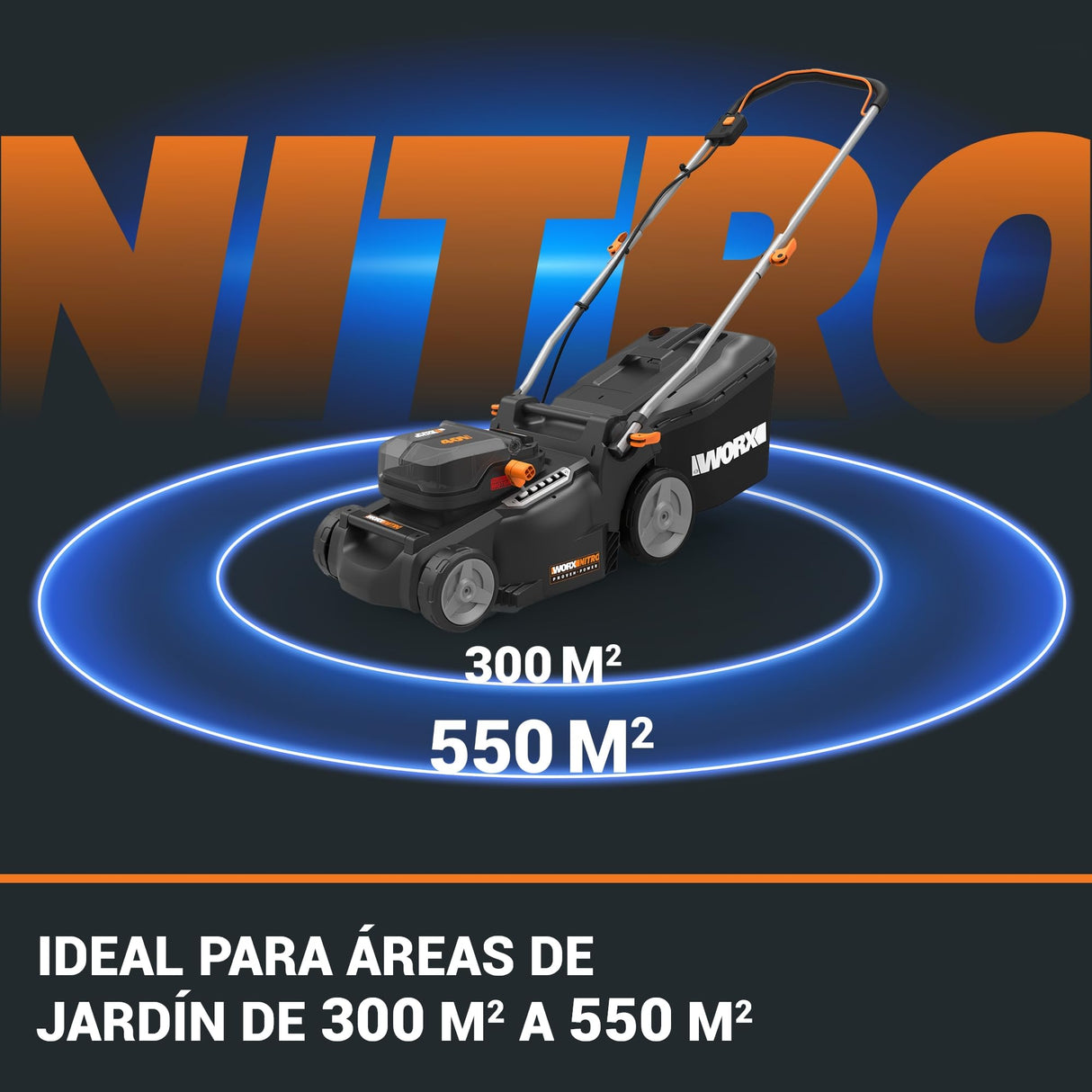 WORX Cortacésped WG737E Nitro con batería de 40 V (2 x 20 V), Potente Motor sin escobillas, Ancho de Corte de 37 cm, 6 Niveles de Altura de Corte (20 – 70 mm), Saco recogedor de césped de 40 l,