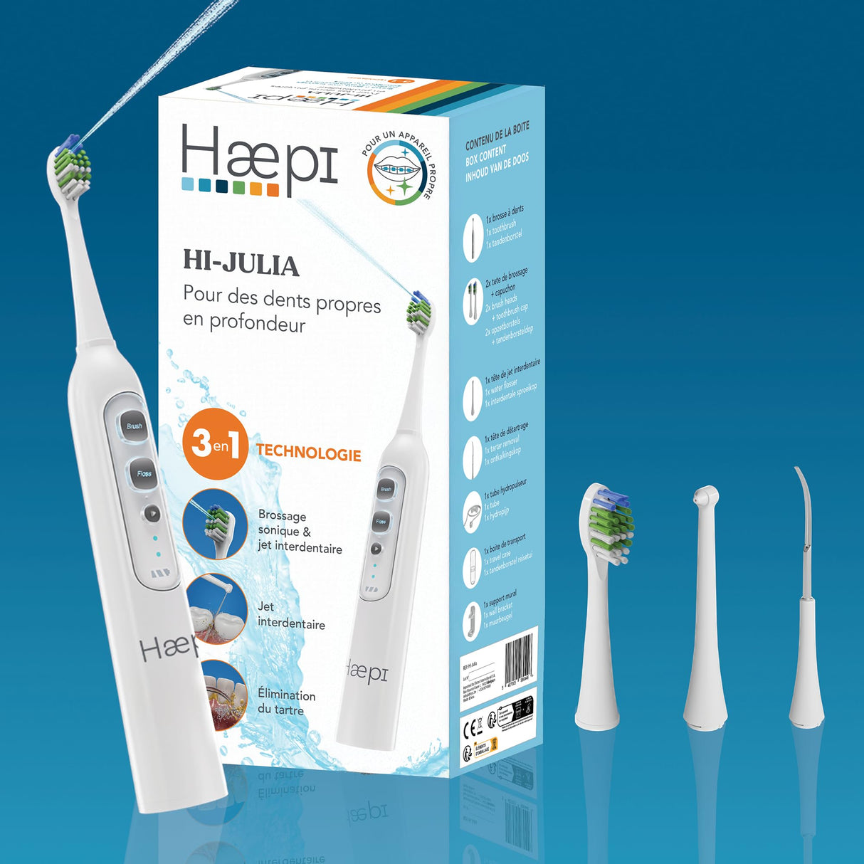 Haepi Julia - Cepillo de dientes eléctrico sónico 3 en 1 | Cepillado + Jet interdental + Descalcificación | 48.000 vibraciones/min | Recargable USB | Para encías sensibles y portadores de aparatos