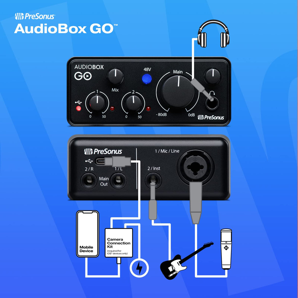 PreSonus AudioBox GO, Interfaz de Audio USB-C, Para Producción Musical con Software de Grabación Studio One, Tutoriales Musicales, Ejemplos de Sonido e Instrumentos Virtuales
