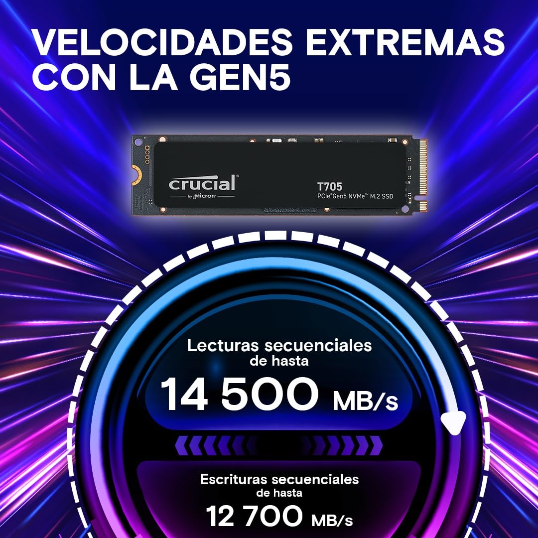 Crucial T705 SSD 2TB PCIe Gen5 NVMe M.2 SSD Interno Gaming, hasta 14.500MB/s, Microsoft DirectStorage, Compatibilidad PCIe 4.0, Disco Duro SSD - CT2000T705SSD3