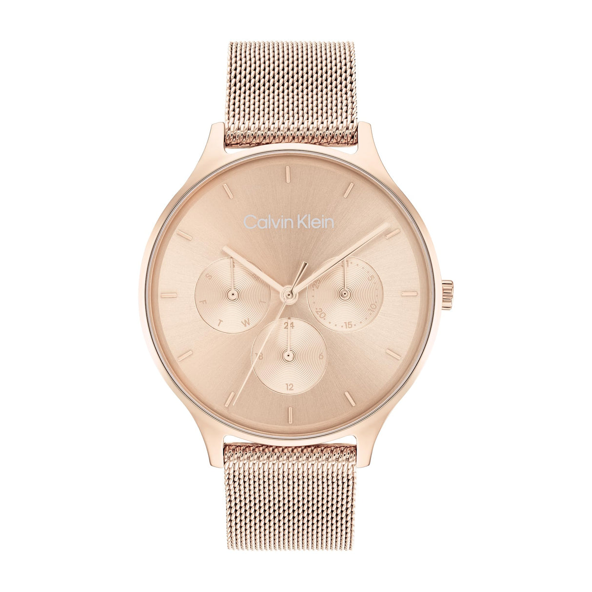 Calvin Klein Reloj Analógico de Cuarzo Multifunción para Mujer Colección Timeless Mesh MF con Correa de Malla de Acero Inoxidable de Oro Rosa - 25200102